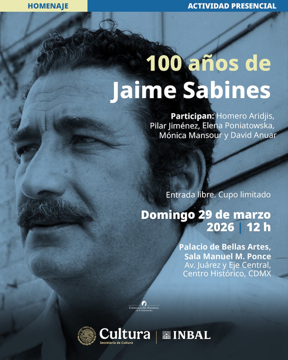 #Sabine100años
Este año se cumplen 100 años del nacimiento del poeta Jaime Sabines y sus versos sobre el amor, el paso del tiempo, la vida y la muerte hacen eco entre sus fieles y nuevos lectores .
📅 Domingo 29
🕕 12:00 h
📍 Sala Manuel M. Ponce
🎟️ Entrada libre