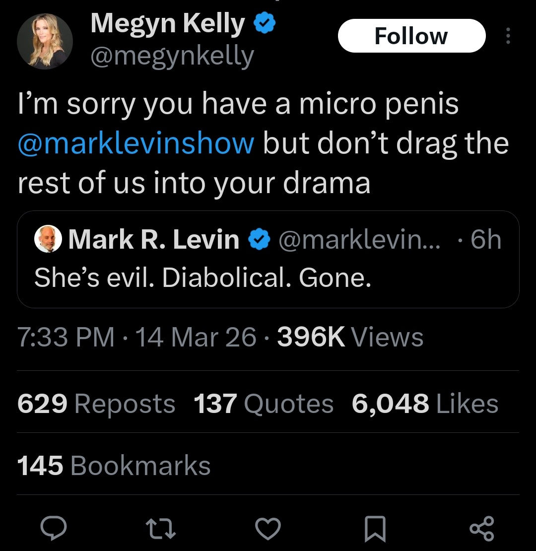 This is pathetic.
I have ZERO empathy forLevin, and I've been enjoying fireworks of these a-holes sniping each other, but this is trash.
Megyn Kelly is a Communicator. Words are what she does.
And she fires back with..."micro penis"?
For real, <a href="/megynkelly/">Megyn Kelly</a>? This you?
Sad!!