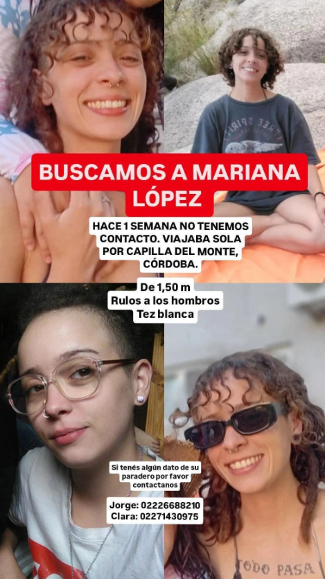 desaparecidaorg's tweet photo. Mariana López desapareció el 7/3/26 viajando hacia Buenos Aires, desde Capilla de Monte, provincia de Córdoba. Estatura 1,50. Se hizo la denuncia. Por favor avisar #Urgente al☎️ 02226688210, 02271430975, 101 o 911

#CapillaDelMonte #Cordoba https://t.co/CeMZs64QUY