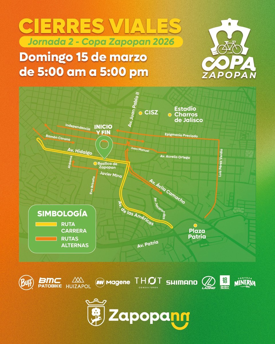 Trafico_ZMG's tweet photo. #Entérate | 🚴‍♀️Continúan los cierres viales en Zapopan Centro🚴‍♂️
 Este domingo continuarán los cierres viales en el centro de Zapopan por actividades de la Copa Zapopan 2026 🏆
La competencia ciclista mantendrá cerrada la avenida Hidalgo ⛔️ desde la Basílica hacia avenida Américas siguiendo por esta vialidad hacia avenida Patria, en un horario aproximado de 5:00 a 17:00 horas.

Autoridades municipales recomiendan a los conductores utilizar como rutas alternas las avenidas Ávila Camacho (vuelta solo por el tunel), Independencia, Epigmenio Preciado, Luis Pérez Verdía, Juan Manuel y Ramón Corona, para evitar congestionamientos en la zona 🙏

#TraficoZMGPeriodismoCiudadano