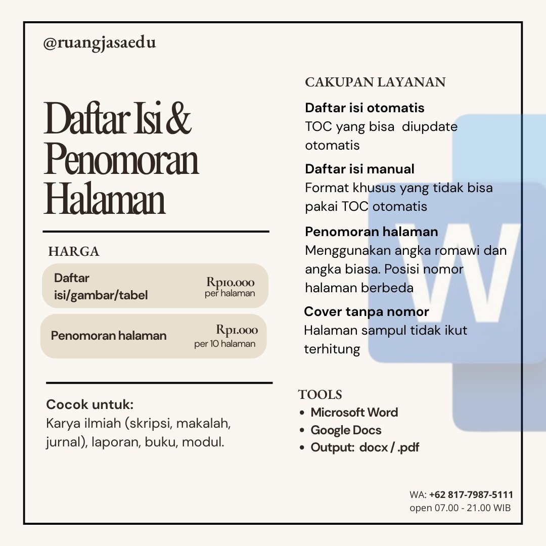 ruangjasaedu's tweet photo. JASA PEMBUATAN DAFTAR ISI/TABEL/GAMBAR, &amp; PENOMORAN HALAMAN

✅ harga yang tertera adalah harga daftar isi per halaman (halaman yang dihitung adalah halaman daftar isi, bukan halaman keseluruhan dokumen), sedangkan untuk penomoran halaman fee-nya Rp1.000 per 10 halaman https://t.co/BeIZqs9d06