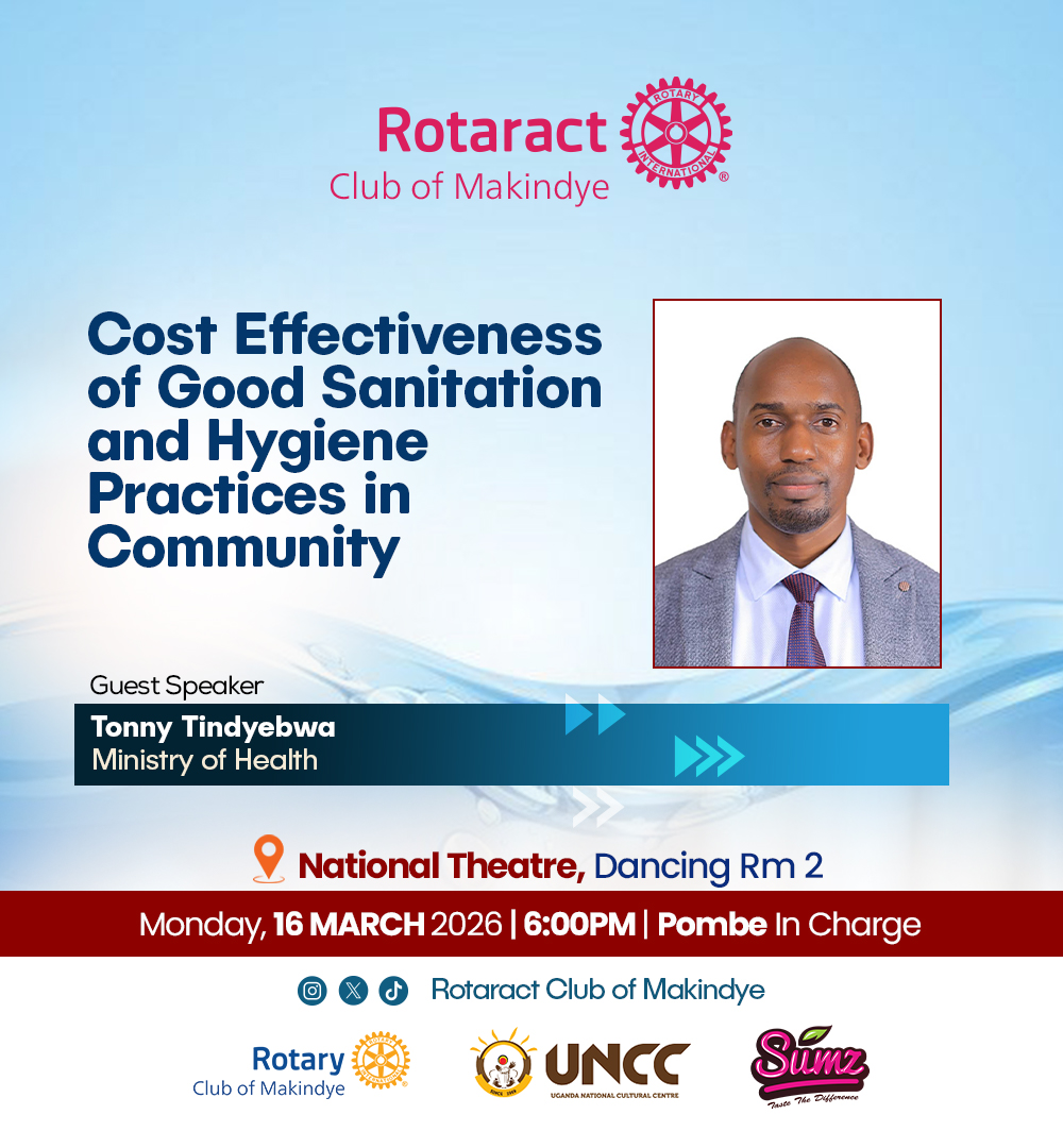 makindye_rct's tweet photo. This Monday
Join us yet for another informative meeting as we listen from Tonny Tindyebwa an expert from the Ministry of Health on a Topic;
  
Cost Effectiveness of Good Sanitation and Hygiene Practices in Community 

#ServiceAboveSelf | #Rotaract | #RotaryEyamba https://t.co/6WVQNfto6J
