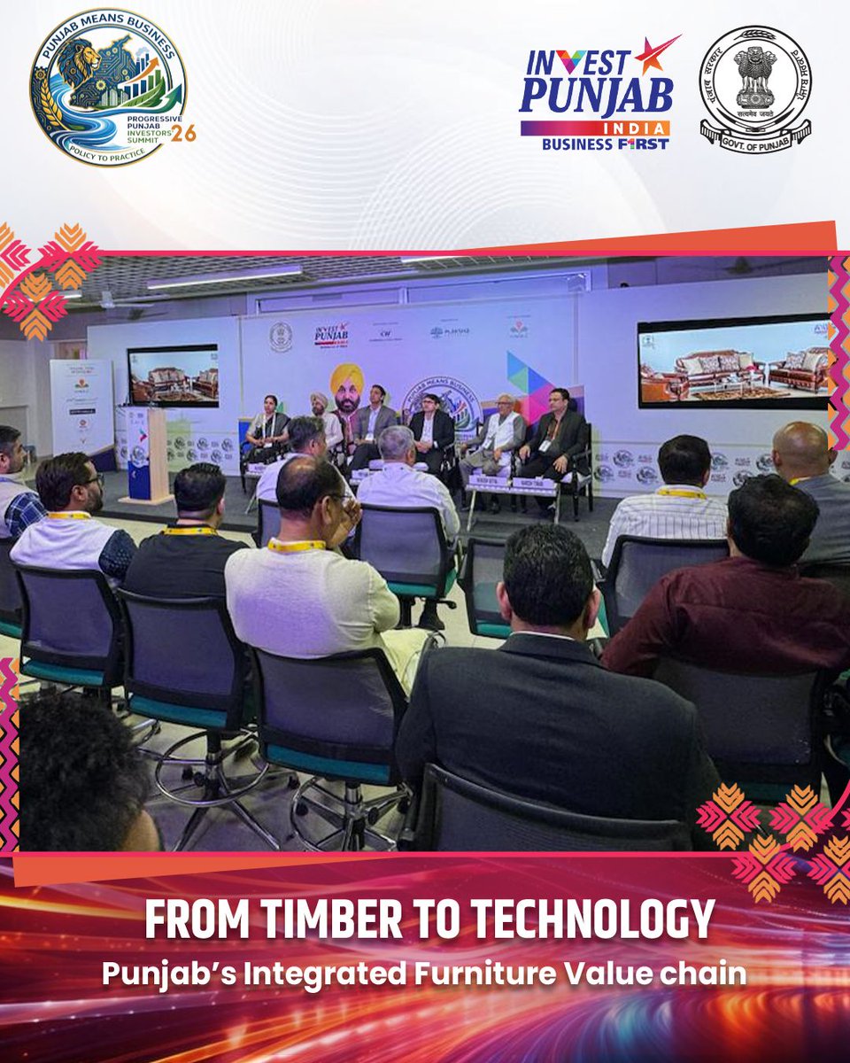 invest_punjab's tweet photo. From Timber to Technology: Punjab’s Integrated Furniture Value Chain

At the Progressive Punjab Investors’ Summit, the session explored how Punjab’s furniture industry can evolve through modern design, technology, and integrated value chains—enhancing quality, innovation, and global market competitiveness.
#Punjabmeansbusiness