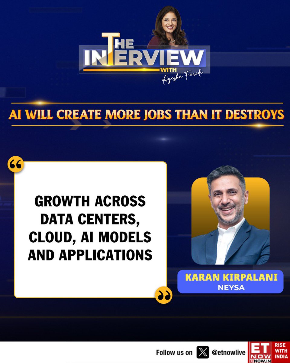 ETNOWlive's tweet photo. The Interview With Ayesha Faridi
“AI will create more jobs than it destroys”: Karan Kirpalani of Neysa on the expanding opportunities in data centers, cloud, and AI applications
Full interview: https://t.co/CYsjpWwnp4
@AyeshaFaridi1 #Neysa #AI #India https://t.co/0Rzh6VjFv0