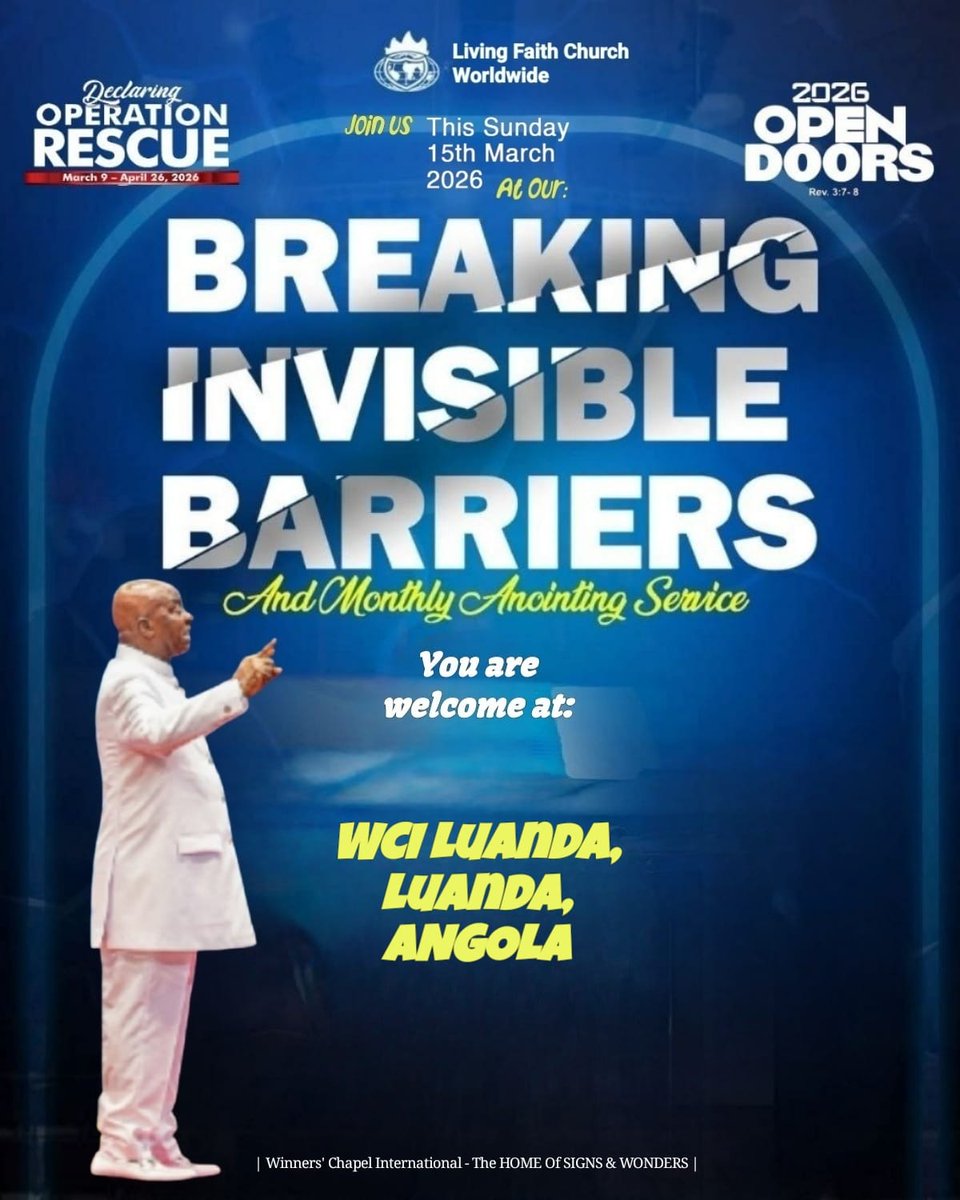 WinnersChapelNL's tweet image. QUEBRAR BARREIRAS INVISÍVEIS E CULTO MENSAL DE UNÇÃO | 15 DE MARÇO DE 2026 | 1| de CVI (WCI) #Luanda #Angola  Via #YouTube :👉  youtube.com/live/KEue8wcCd…  👈| São todos bem-vindos via :👉 bit.ly/4iORWij 👈|| #PortasAbertas2026 |