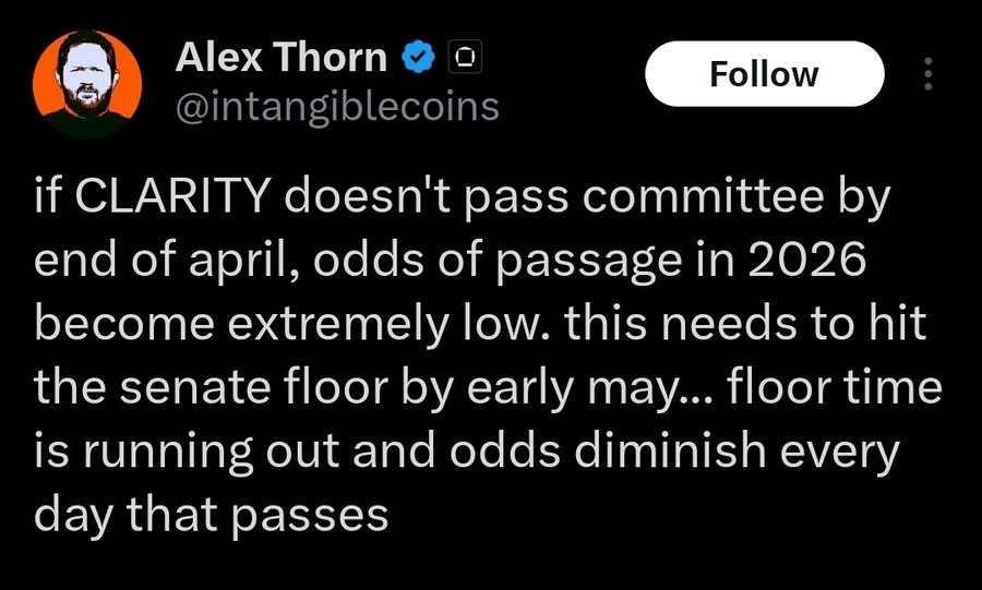 🚨INSIGHT: According to Alex Thorn, the CLARITY Act is unlikely to pass in 2026 if it doesn’t clear committee by April.