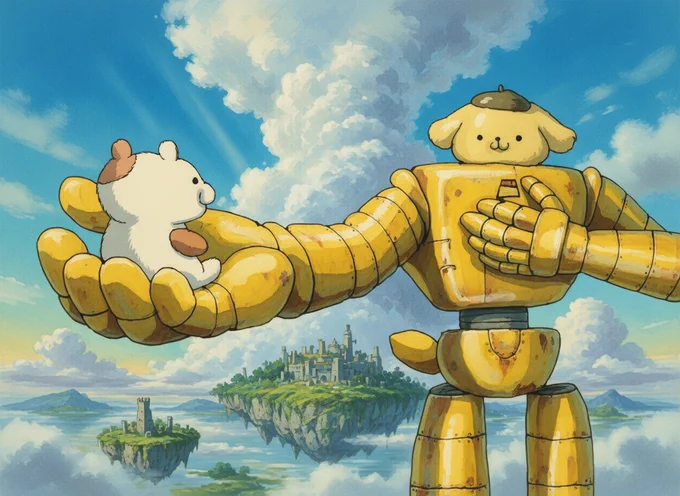 左がちちるが描いた絵で、右が「ラピュタ風に」とリクエストしてAIに描いてもらった絵になります! AI凄すぎますねぇ #ポムポムプリン #AIart