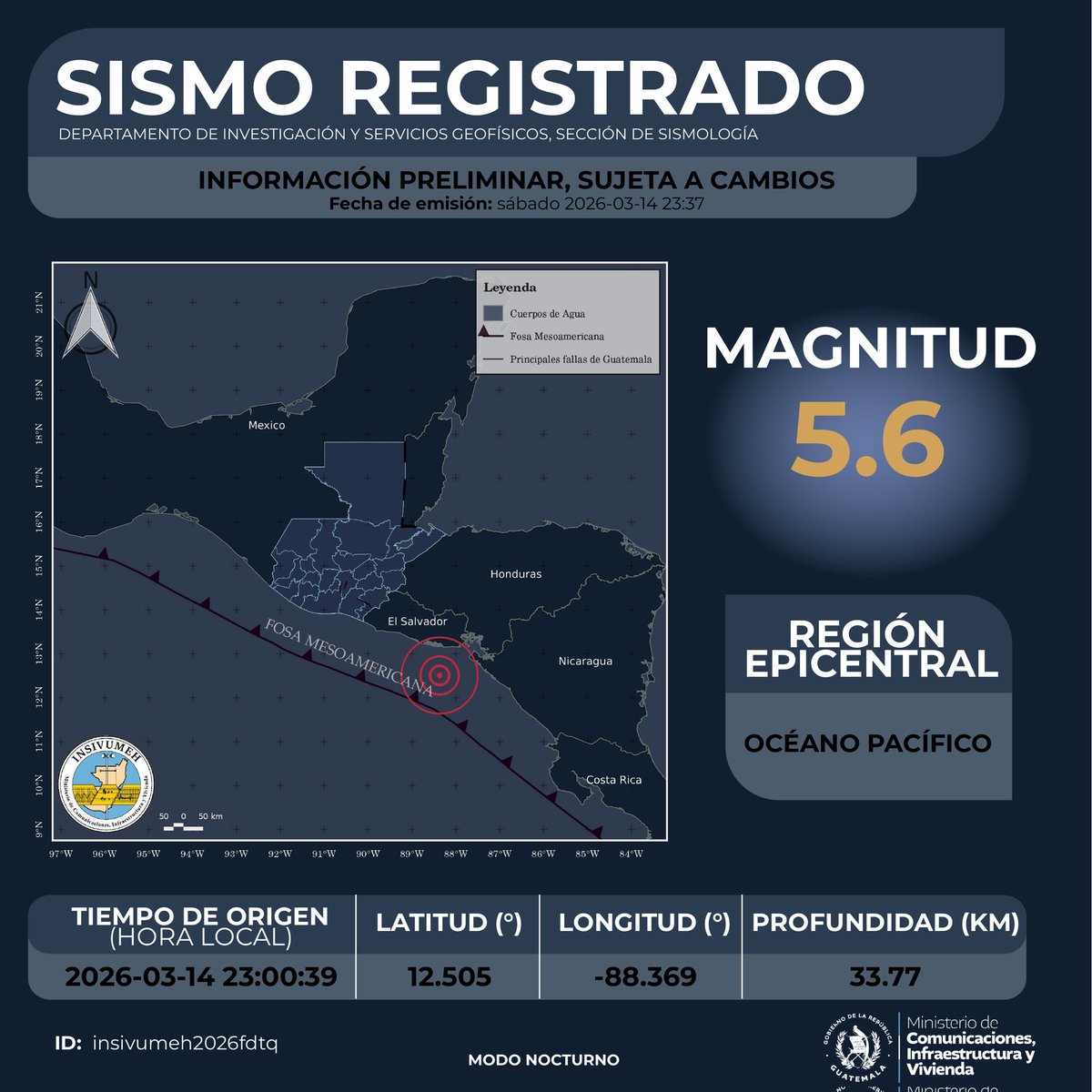 BOLETĺN SISMOLÓGICO 
SISMO REGISTRADO 
Región epicentral:  OCÉANO PACÍFICO 
14 de marzo de 2026. 23:00:39 hrs. 

#SomosINSIVUMEH  #PasiónPorLaCiencia #AlPuebloDignoSeLeResponde #CIV #TemblorGT #SismoGT