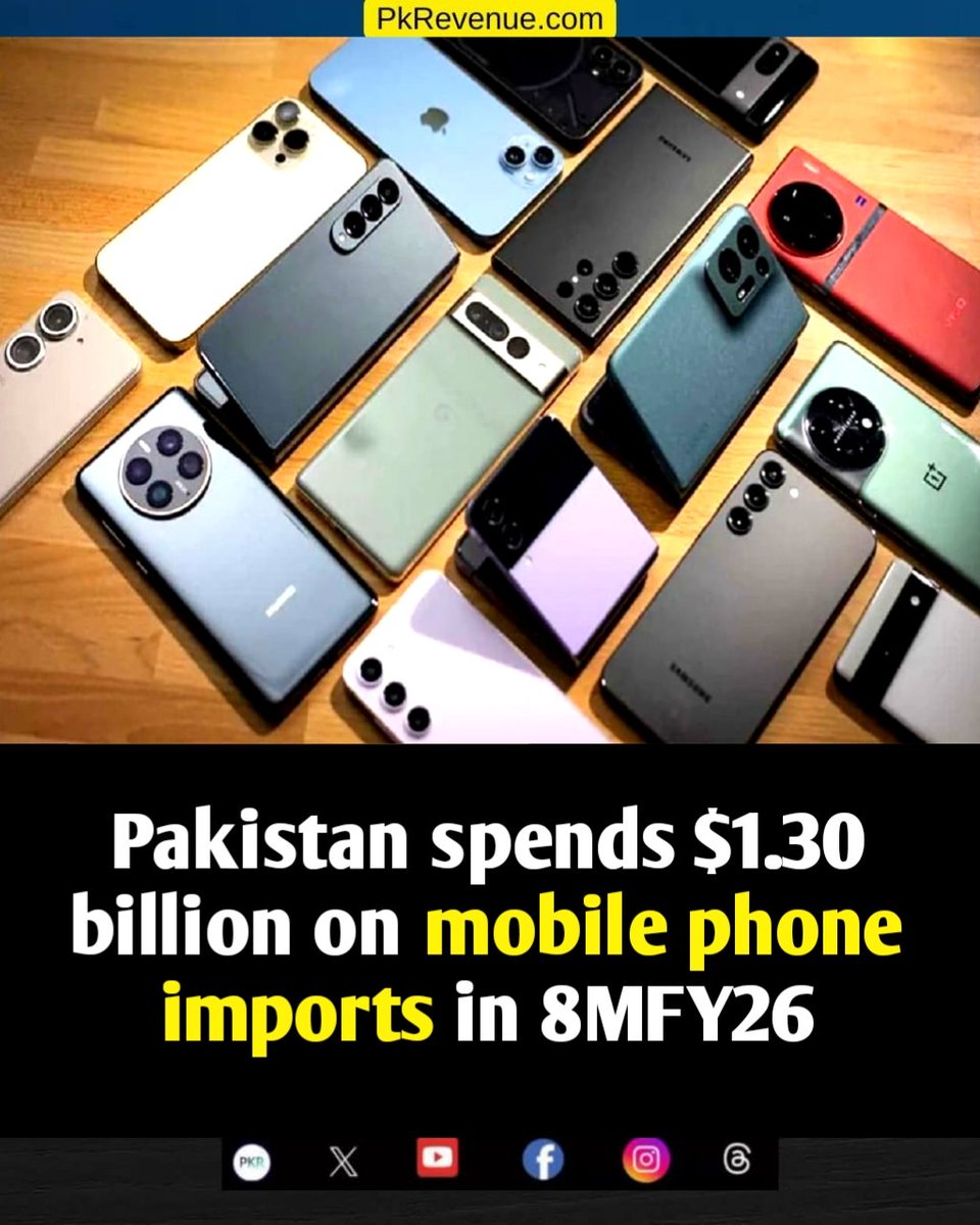 pkrevenue's tweet photo. Pakistan spends $1.30 billion on mobile phone imports in 8MFY26
Read More: https://t.co/WH7xTPBFyF
#PakistanNews #mobilephone #mobileimport https://t.co/F7dnEE5kRZ