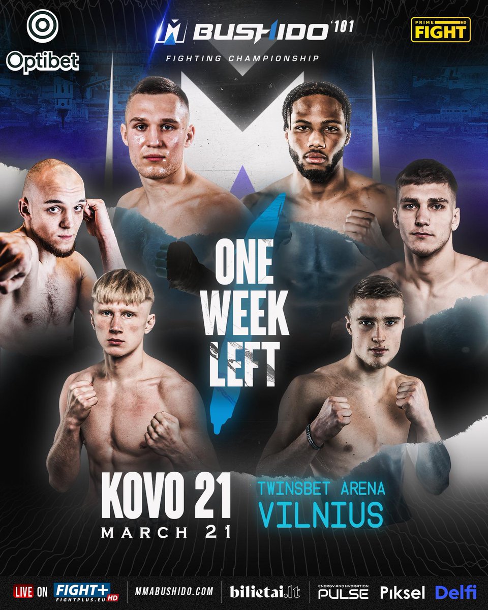 mma_bushido's tweet photo. ONE. WEEK. LEFT. 📷 LIKO TIK VIENA SAVAITĖ!

📷 Kovo 21 | March 21 
📷 Vilnius
📷 Twinsbet Arena
📷 https://t.co/0TNPtu7uuM

📷 https://t.co/i3F7ef7gqH

LIVE - https://t.co/9zXQrmGjwT 📷

#mma #bushido #vilnius #mmabushido #bushidoFC #fightplus https://t.co/7evQv5sbYy
