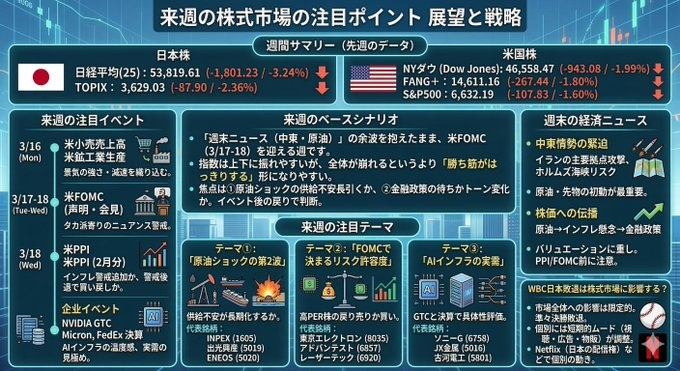 nrliuy's tweet photo. 【来週の株式市場】3つのテーマで動く。仕込むなら今だ。
日経平均 53,819円（-3.24%）
TOPIX 3,629円（-2.36%）
今週の下げで、市場はリセットされた。
来週、動くのはここだ。
📅 来週の最重要イベント
3/17-18（火-水）
米FOMC（声明・会見）
タカ派ムードがどこまで織り込まれるか。
3/18（水）
米PPI（2月分）
インフレ政策の影響が企業収益に直撃する。
3/19（木）
NVIDIA GTC
Micron・FedEx決算
AIインフラの進展が「実需」として証明されるか。
🔥 来週の3大テーマ
テーマ①：原油ショックの第2波
ホルムズ海峡の供給不安は長期化する。
INPEX（1605）
出光興産（5019）
ENEOS（5020）
テーマ②：FOMCで決まるリスク許容度
高PER株��戻りが試される。
ING（6035）
アドバンテスト（6857）
レーザーテック（6920）
テーマ③：AIインフラの具体化
GTCと決算で「絵空事」から「実需」へ。
ソニーG（6758）
JX金属（5016）
古河電工（5801）
⚠️ そして最も大事なこと
週末のニュース（中東・原油）の余波を抱えたまま、
FOMCを迎える。
指数は上下に振れやすい。
でも全体が崩れるわけじゃない。
「勝ち筋がはっきりする」 のが、来週の本質だ。
✅ 今やるべきこと
焦って飛びつくな。
「どのテーマに、どれだけの本気の資金が入るか」 を見極めろ。
来週の動きを先取りできるかどうか。
それが、1ヶ月後の差になる。