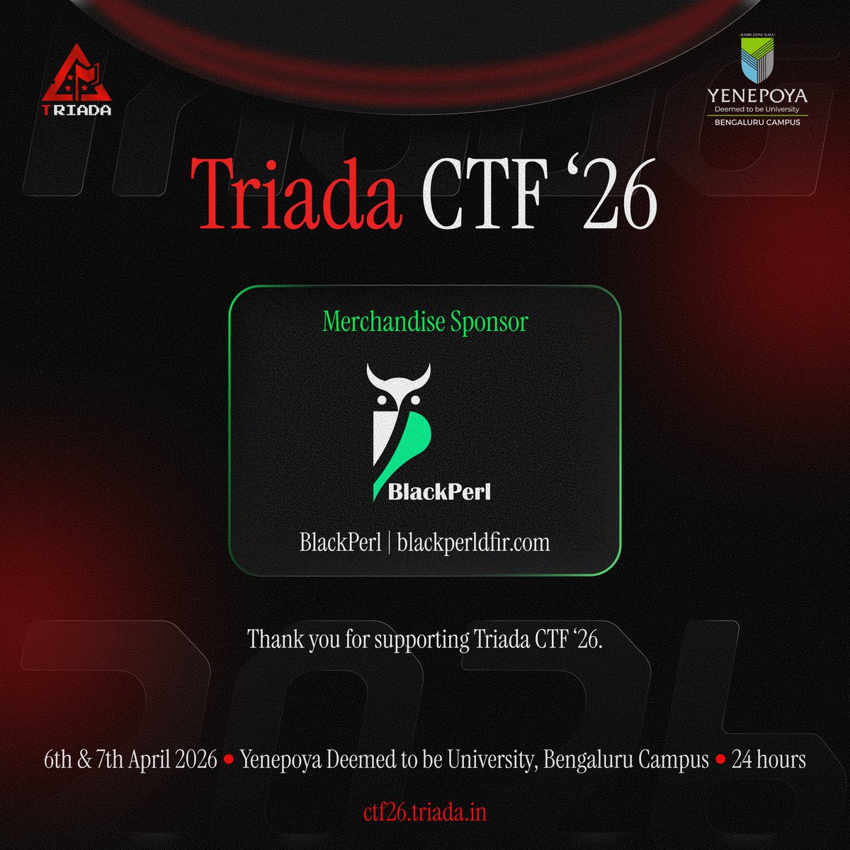 teamtriada's tweet photo. We’re proud to announce @blackperl_dfir  as the Merchandise Sponsor for Triada CTF ’26! 🖤

BlackPerl DFIR delivers cybersecurity solutions and training, helping organizations identify unknown threats, strengthen existing security tools, accelerate incident response https://t.co/l5lCck7ddU
