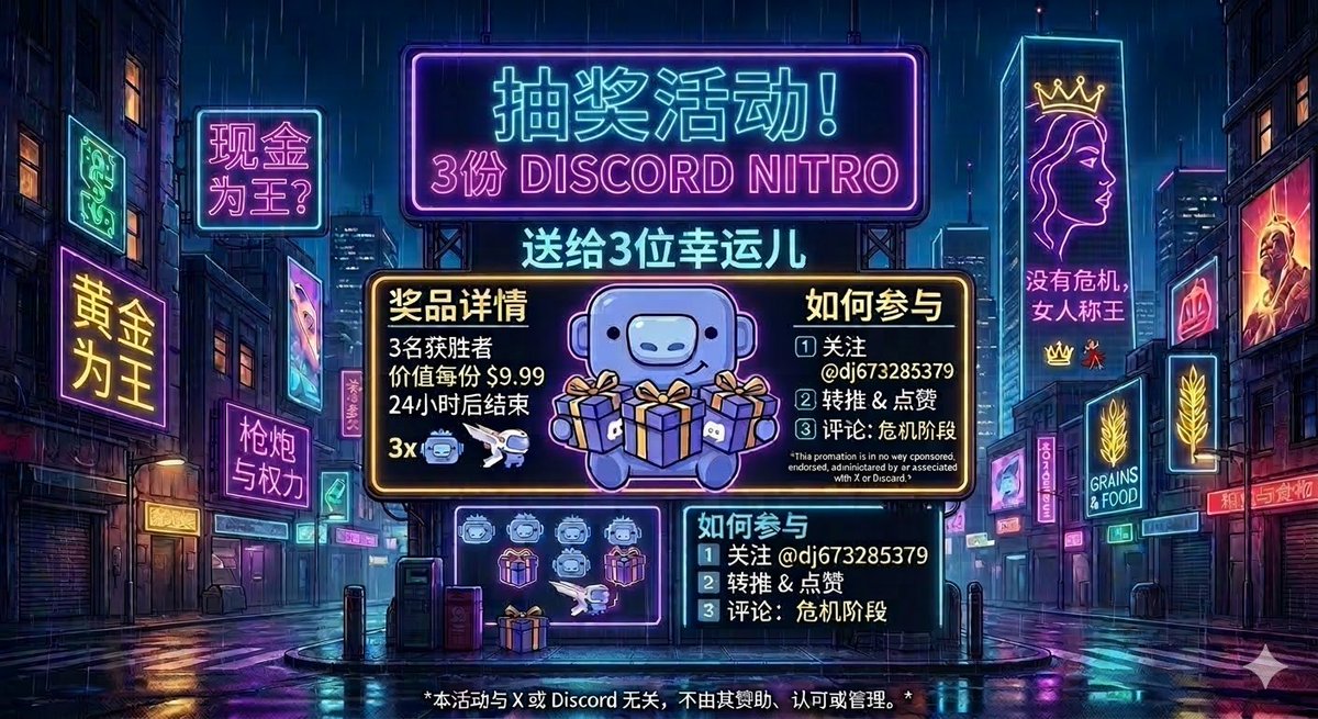 dj673285379's tweet photo. 轻度危机，现金为王；中度危机，黄金为王；
重度危机，枪炮为王。极度危机，粮食为王。
没有危机，女人称王。

富豪在权力面前一文不值。权力在枪炮面前一文不值。
枪炮在穷人面前一文不值。穷人在女人面前一文不值。

哈哈，相遇就是缘分，今天给大伙送点福利。
评论区抽3个discord Nitro会员（或等价USDT$9.99）
参与方式： 
☑️关注 @dj673285379  
🤖转推 + 点赞
🗨️评论区 告诉我现在处于危机的哪个阶段？

规则：
- 评论区活跃（目标约200条），将于24h内用随机抽取工具从有效回复中抽出5名中奖者
- 每人限1次有效参与，使用多个账号刷将直接取消资格
- 参与即表示≥18岁，遵守本地法律
- 中奖私信联系，48h内回复领取否则弃权
- 中奖名单将在本帖评论区公布

PS：This promotion is in no way sponsored, endorsed, administered by, or associated with X.
#抽奖 #Giveaway #送福利