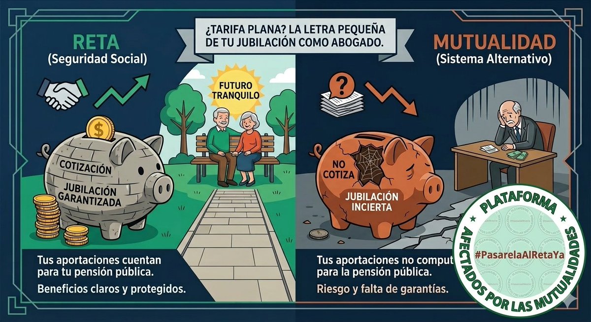 Te ofrecen tarifa plana para ejercer como abogado.
Lo que no te dicen: no estás cotizando para tu jubilación.
La tarifa plana del RETA sí computa. La de la Mutualidad no existe para la Seguridad Social.
Bienvenido al colegio. #Pasarela1x1AlRetaParaTodos