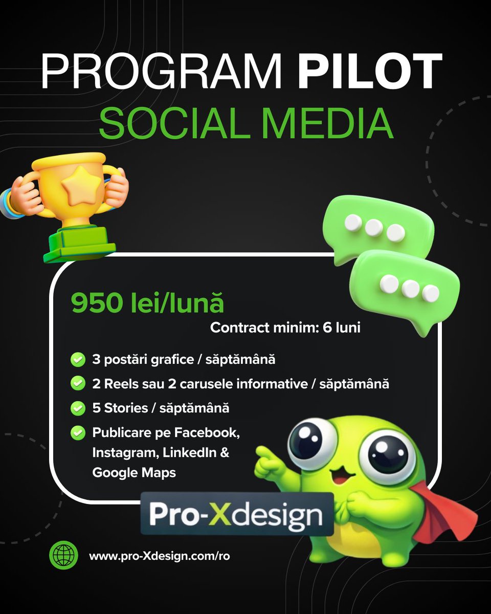 ProXdesign23's tweet photo. Am lansat Programul PILOT Social Media ✅
Investiție: 950 lei/lună

Programul include:
🎨 3 postări grafice / săpt
🎥 2 Reels sau 2 carusele informative / săpt
📲 5 Stories / săpt
🌐 Publicare pe Facebook, Instagram, LinkedIn și Google Maps

📞 WhatsApp: 0734 403 752 https://t.co/kWl2TqNQ7V