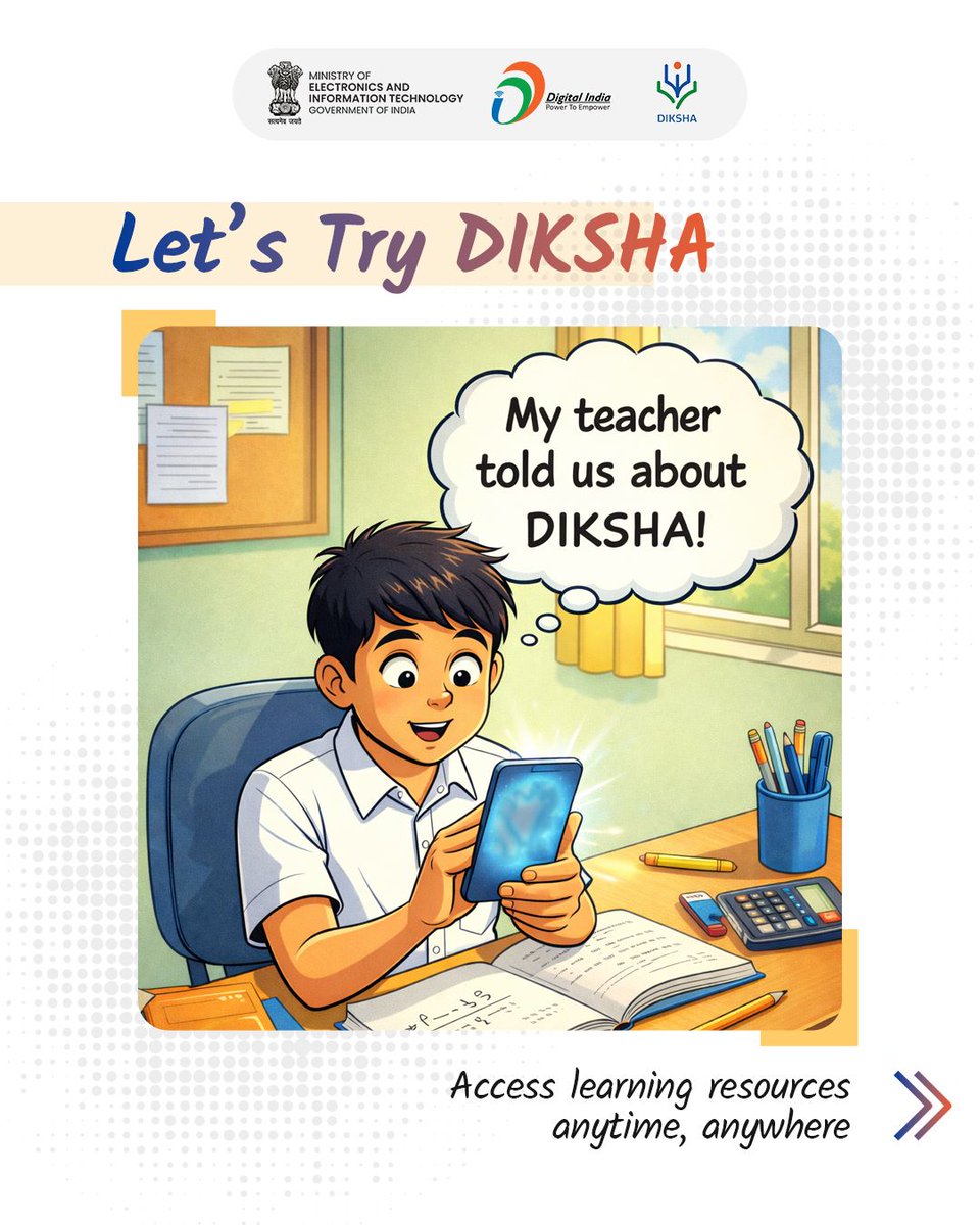 NeGD_GoI's tweet image. 📚 DIKSHA supports students and teachers with digital learning resources.

With DIKSHA, students and teachers can access interactive lessons, videos, and study materials anytime, anywhere

#DIKSHA #DigitalLearning #EducationForAll #DigitalIndia #EdTech