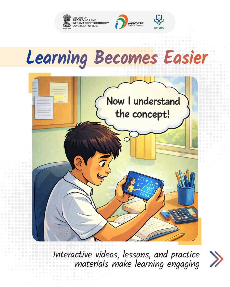 NeGD_GoI's tweet image. 📚 DIKSHA supports students and teachers with digital learning resources.

With DIKSHA, students and teachers can access interactive lessons, videos, and study materials anytime, anywhere

#DIKSHA #DigitalLearning #EducationForAll #DigitalIndia #EdTech