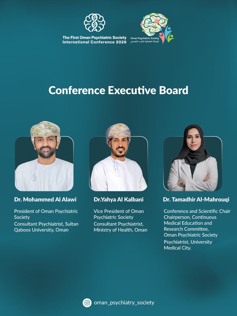 Oman_Psychiatry's tweet photo. We are pleased to introduce the organizing team behind “The First Oman Psychiatric Society International Conference 2026."

Stay tuned for exciting updates. 

#OPSConference #OmanPsychiatricSociety #Psychiatry #internationalconference https://t.co/BSkWTQPDX5