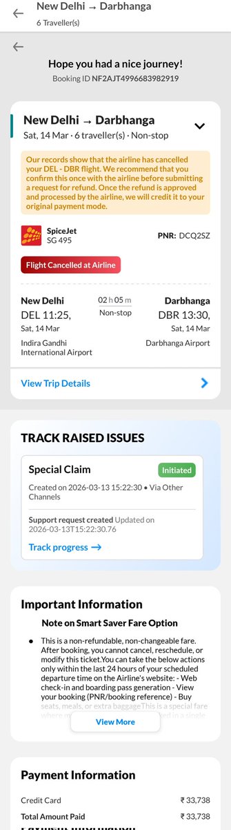 imbhawesh_2004's tweet photo. @makemytrip @flyspicejet My flight SG-495 (New Delhi → Darbhanga) on 14 March was cancelled by the airline, but ₹3000 has been deducted from my refund.

Please provide the detailed refund breakdown and process the correct refund.
Booking ID: NF2AJT4996683982919 https://t.co/tbihiPUTSJ