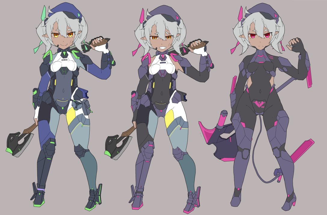 「サンカン姉様に躾て頂き、不肖ながら魔砲隷女の末席に連なりましたキャトルバンです。心を改めてマスターとお姉さま方に尽くします....ニヒッ」
数多の魔砲隷女を撃退した彼女も元執行官が主体の魔砲隷女達による長期の襲撃に屈し、元教え子の再教育後は軽量装束「バンダースナッチ」を纏う 