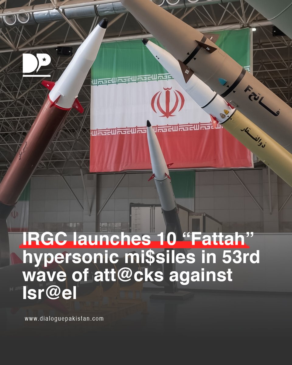 DialoguePak's tweet image. IRGC announced that it deployed 10 “Fattah” hypersonic mi$siles in what it described as the 53rd wave of att@cks t@rgeting Isr@el. This marks the first time the IRGC has launched such a large number of Fattah mis$iles in a single volley.

#DialoguePakistan #IRGC #Launches