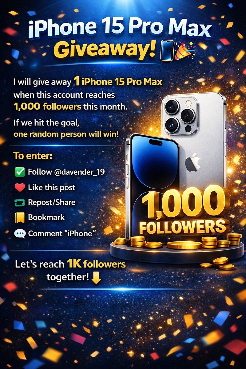 mohanthakur951's tweet photo. iPhone 15 Pro Max Giveaway 
I will give away 1 iPhone 15 Pro Max
when this account reaches 1,000 followers this month
If we hit the goal, one random person will win!
To enter:
✅ Follow 
 Like this post
🔁 Repost/Share
 Bookmark
 Comment “iPhone”
Let’s reach 1K followers together https://t.co/Vsgs5nn11S