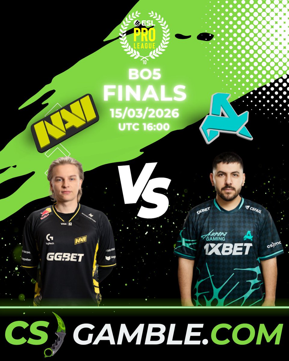 CSGambleCOM's tweet photo. THE FINAL SHOWDOWN 🏆

It all comes down to this.
@natusvincere vs @AuroraCS2_GG in a grueling BO5 for the ESL Pro League S23 Championship!

NAVI looking to cement their dominance, but Aurora is hunting for the ultimate upset in Stockholm. 

Who takes the trophy and the $100k? https://t.co/p69PCtamjF