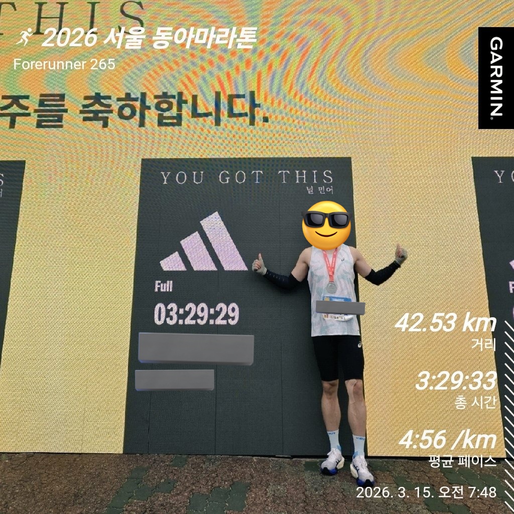 Lonnie__X's tweet photo. 2026 서울 동아마라톤 풀코스
03:29:29
330 했죠?😎 PB🔥

330의 벽이 나에게는 왜 이리 높은지
이번에도 거리가 300m가 더 길게 나와서
여유롭게 안들어오면 또 실패할뻔했다.

42.195 정확하게는 28분 초반으로 통과🔥
응원해주신 엑친님들 감사합니다. https://t.co/05PHbVsQlC