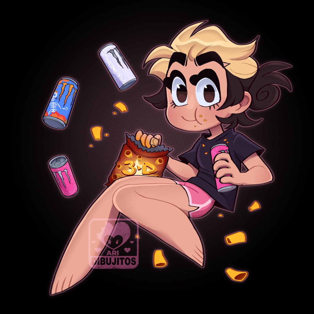 Yo con mis vicios! 🫶 durante este tiempo de comisiones y juntar para mi boda estuve un poco sobreviviendo con Monster y frituras 🤪

Por cierto hice un Speedpaint improvisado: youtu.be/r8Ym1TT7CVY?si…