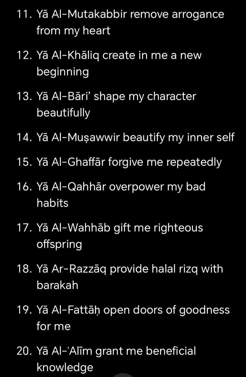 pulseby_M's tweet photo. 99 Short and specific Duas. 
All using one Beautiful Name of Allah. 

Save them and use them if you don't know what to say or for Lailatul Qadr.

Ya Allah let us reach lailatul Qadr🤲 https://t.co/tqySR0edmW