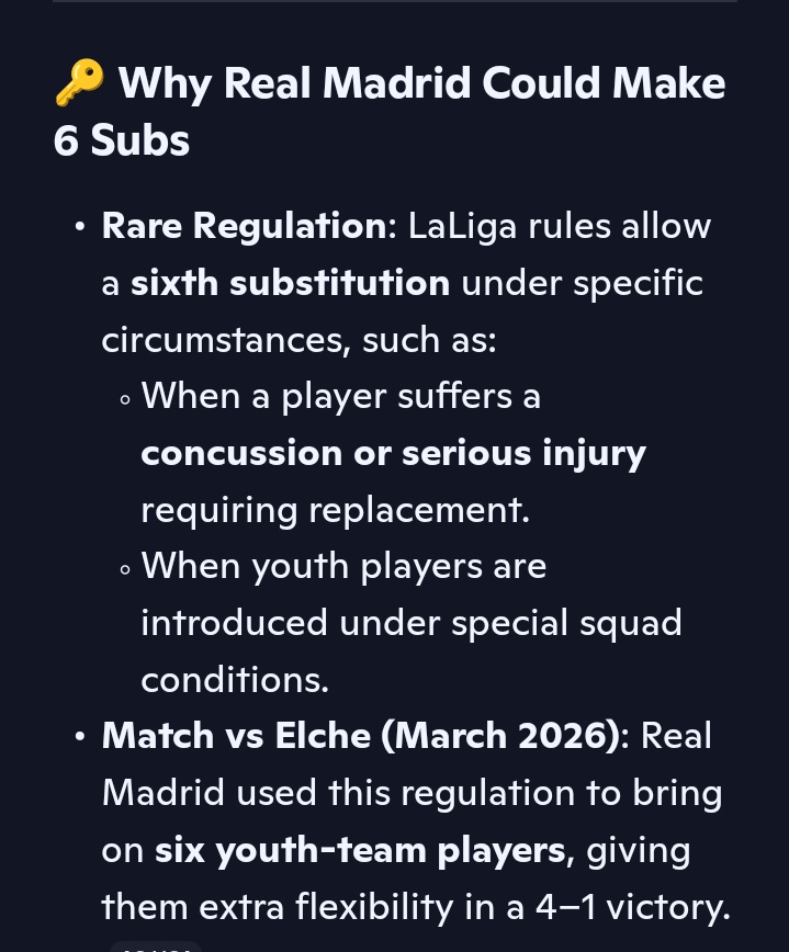 ainulridha's tweet photo. Dalam pertandingan La Liga Week 28 antara Real Madrid x Elche dgn Skor akhir 4-1, Real Madrid melakukan 6 pergantian pemain yang tidak umum terjadi. Inilah penjelasannya : @realmadriden x @elchecf @LaLiga https://t.co/gcqLoZgkPd