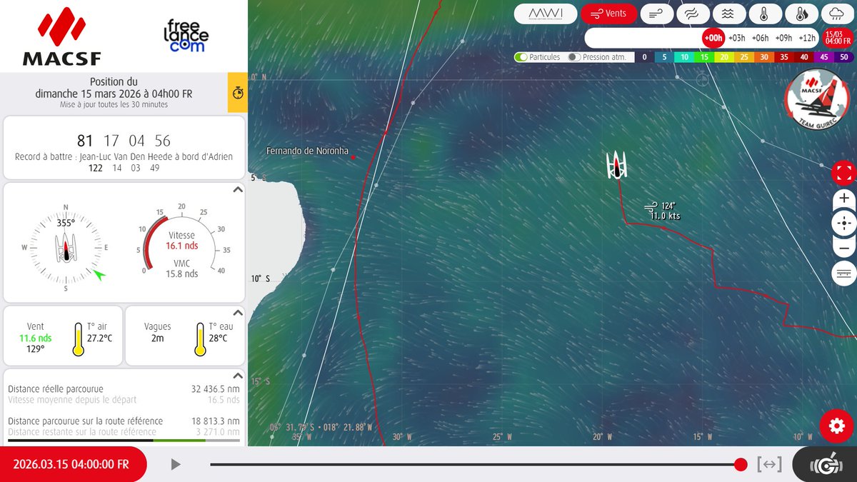 NiwakaFerreris's tweet image. C'est la cartographie du #TourdumondeàlEnvers par MACSF et Guirec Soudée à 4h00 FR. MACSF a déjà passé la latitude de Natal et navigue vers le nord. MACSF passera Fernando de Noronha bientôt! MACSF a avancé 364.7 nm sur 24h et est 4966.4 nm d'avance sur Advrien. #Ultim #Ultime