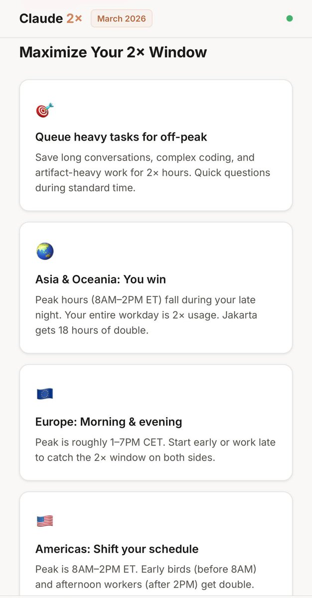 To make it easy to know exactly when that 2× window is active in your timezone, we built a simple webpage that shows your hours at a glance

site.aignited.id/claude-2x.html

Check it out and see when your 2× window starts