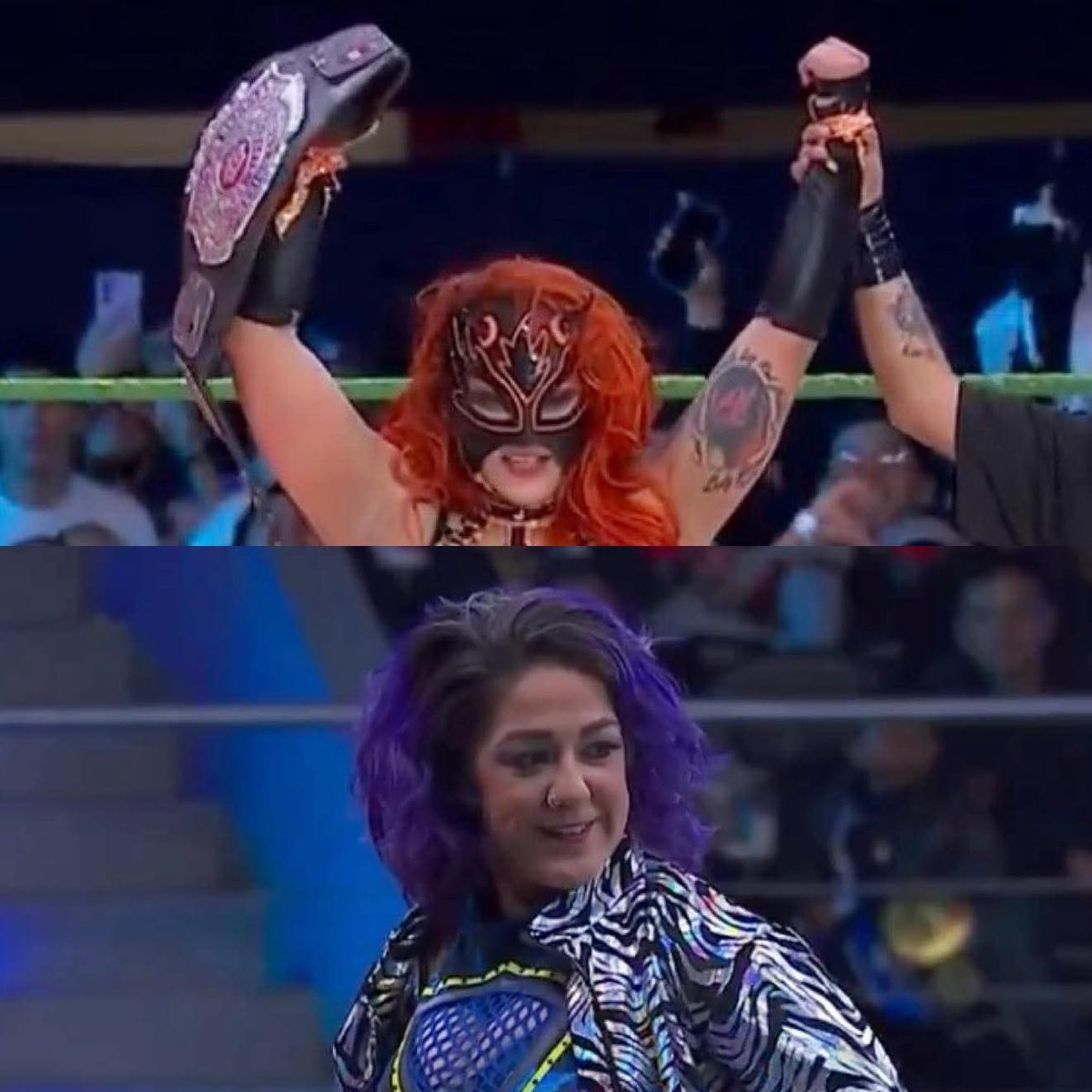 Dowlina10438's tweet image. Defeat doesn’t erase the headline 
Bayley sharing the ring with Flammer in
 Lucha Libre AAA is a crossover that changes the map, not every victory is measured in gold.
#AAAReyDeReyes #Bayley