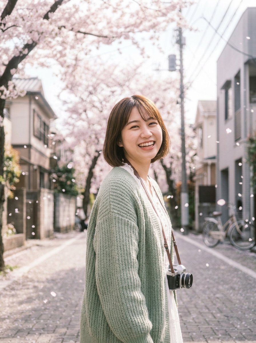 Yichen_Ning's tweet photo. A smiling Japanese woman with short hair, holding a vintage camera on a cobblestone street lined with blooming cherry blossoms. She wears a sage green cardigan over a white lace dress. Soft spring sunlight, cinematic feel.

一名短发日本女性在樱花街道上微笑着拿着复古相机。穿着鼠尾草绿开衫和白色蕾丝裙。柔和的春季阳光，电影感。