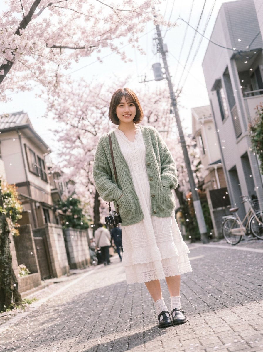 Yichen_Ning's tweet photo. A smiling Japanese woman with short hair, holding a vintage camera on a cobblestone street lined with blooming cherry blossoms. She wears a sage green cardigan over a white lace dress. Soft spring sunlight, cinematic feel.

一名短发日本女性在樱花街道上微笑着拿着复古相机。穿着鼠尾草绿开衫和白色蕾丝裙。柔和的春季阳光，电影感。