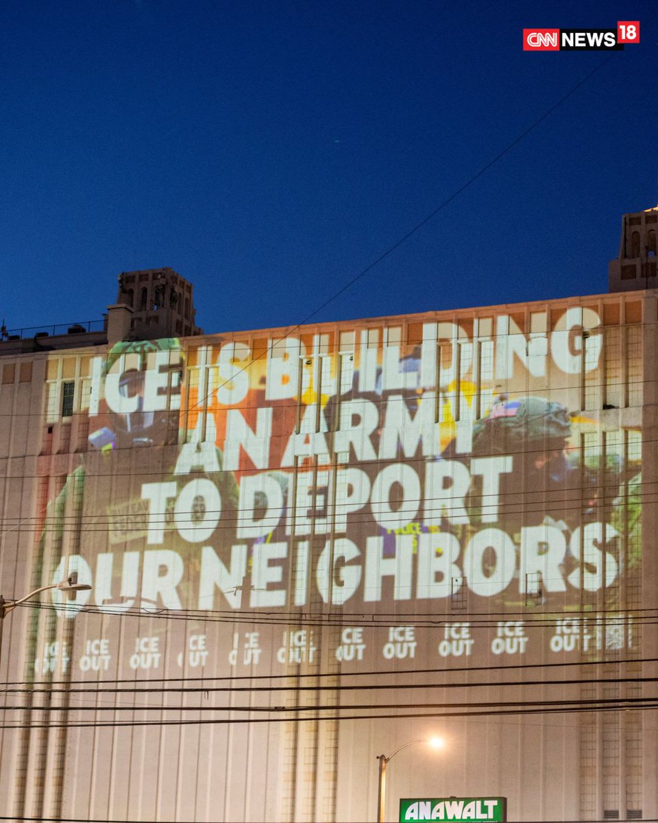 CNNnews18's tweet photo. “ICE OUT” is projected on a building as a protest in Los Angeles
#ICEOut #LosAngeles #ICEProtest #ImmigrationDebate #Protest https://t.co/1foGoTqhCm