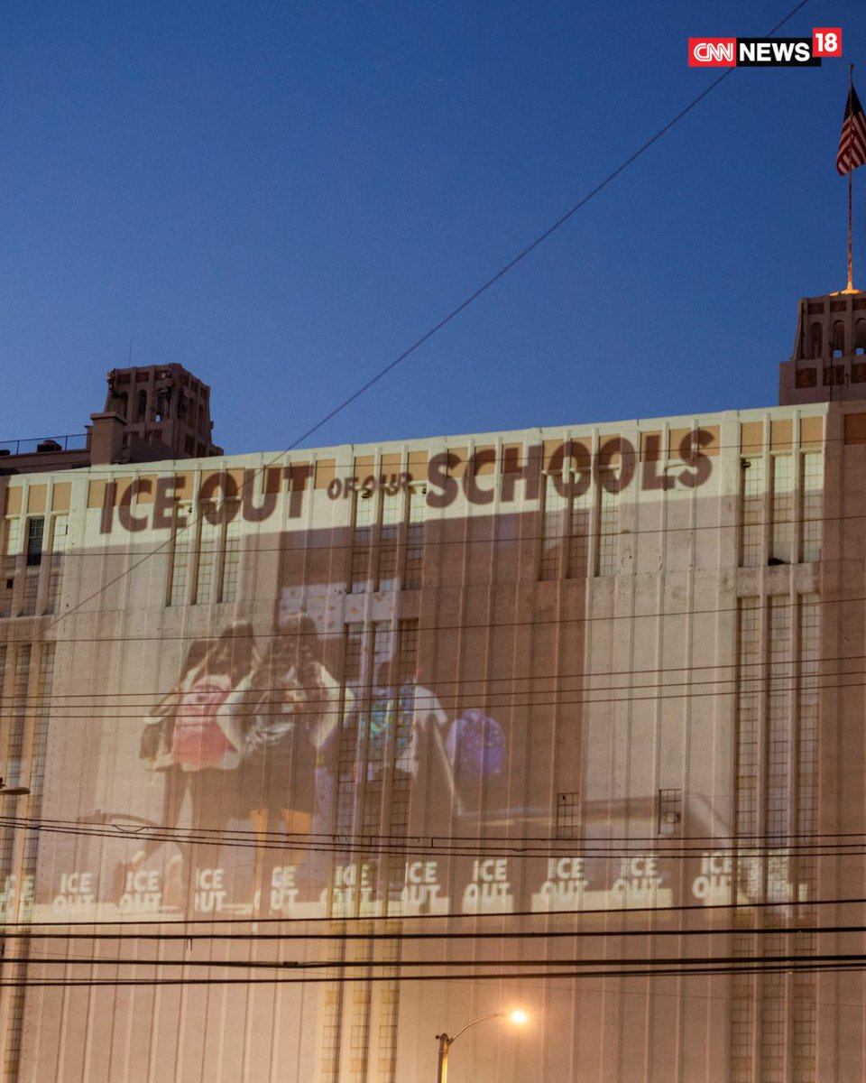CNNnews18's tweet photo. “ICE OUT” is projected on a building as a protest in Los Angeles
#ICEOut #LosAngeles #ICEProtest #ImmigrationDebate #Protest https://t.co/1foGoTqhCm