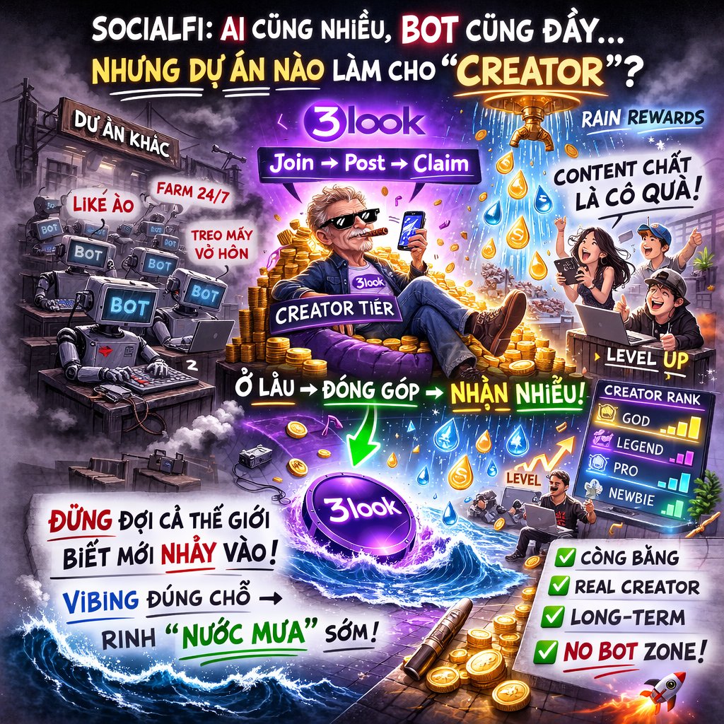 Sáng ra thấy dân tình đang xôn xao về SocialFi, nhưng thật sự có bao nhiêu dự án làm cho "Creator" thay vì chỉ làm cho "Bot"? 🤔
​💠 lướt qua <a href="/3look_io/">3look</a> Khác bọt.
🔹​3look: Không phải kiểu treo máy vô hồn. 
🔹Cơ chế cực gọn: Join → Post → Claim. 
🔹Cái hay là nó