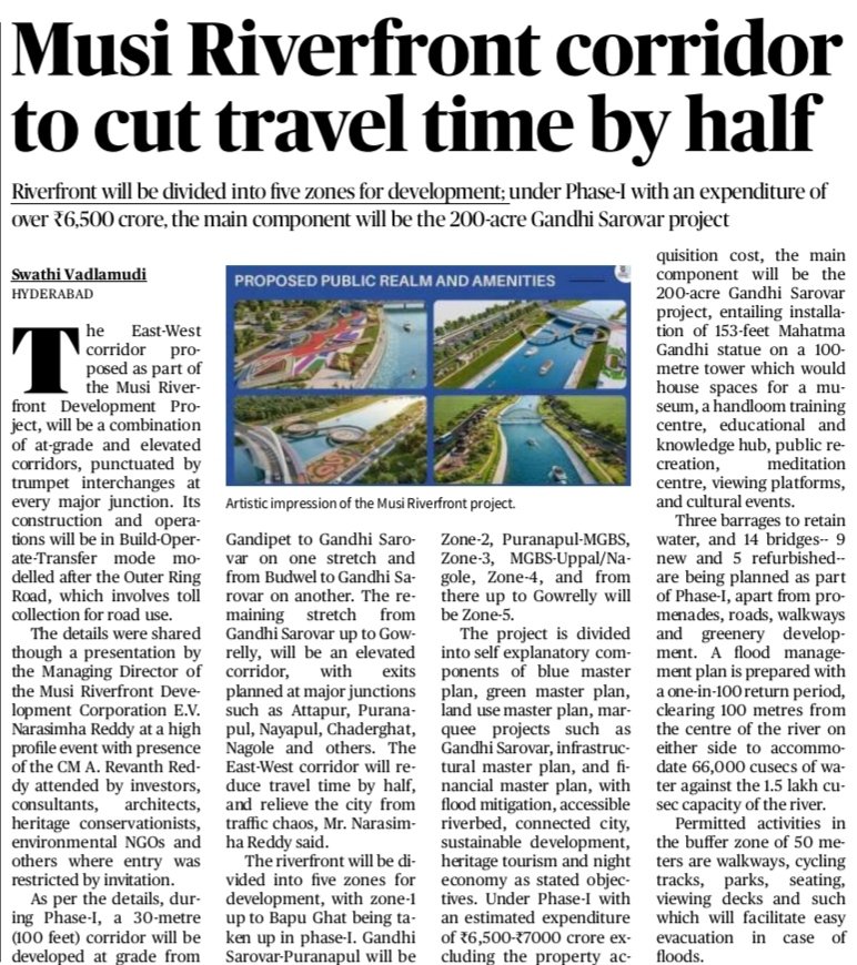 revanthannanews's tweet image. 🌟Musi corridor to halve travel time in Hyderabad
🔹 East–West corridor to cut city travel time by half
🔹 Riverfront development planned in 5 zones
🔹 Phase-1 centres on 200-acre Gandhi Sarovar project
#MusiProject #Hyderabad #Telangana #UrbanDevelopment