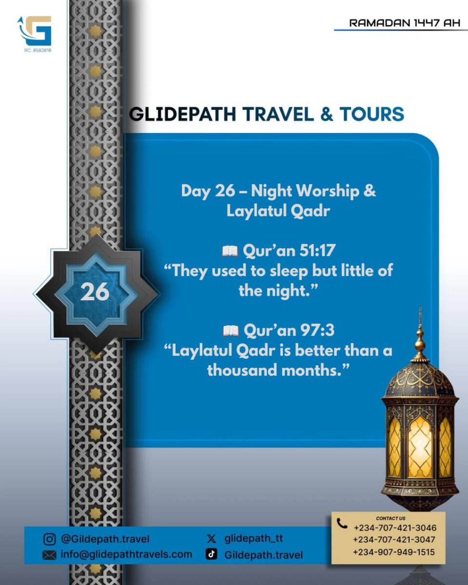 glidepath_tt's tweet photo. Day 26 – Night Worship &amp; Laylatul Qadr

🌙 The righteous devoted their nights to worship — prayer, duʿā’, and seeking forgiveness. In these last nights of Ramadan lies Laylatul Qadr, a night better than a thousand months, where sincere worship can change a lifetime. https://t.co/Wit1WbEMpT