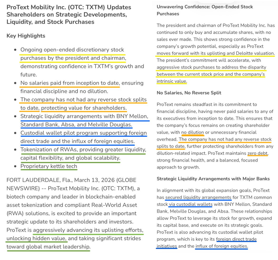 WolfOfOTC's tweet photo. A lot of the reaction to this $TXTM PR falls into two buckets:

The usual bashers who will dismiss anything no matter what is put in front of them, and the impatient crybabies who want every milestone instantly, on their timeline, or they act like nothing is happening.

Meanwhile, a lot of this is unfolding right in front of their eyes.

Also, TXTM is not framing itself here as a typical OTC name, it is explicitly positioning as a blockchain enabled asset tokenization company focused on compliant RWA solutions, which makes the liquidity, custody, and valuation language even more important.

These 4 highlighted pages are not random fluff. They show a company communicating insider conviction, structural discipline, liquidity relationships, custodial wallet infrastructure, tokenization, proprietary tech, IFRS compliant audits, Deloitte linked price discovery, uplisting plans, hidden balance sheet value, forex tailwinds, and ESG integration.

Page 1 shows conviction and discipline: Open ended stock purchases, no sales, no salaries from inception, no reverse split, zero debt language, named liquidity relationships, custodial wallet infrastructure, foreign direct trade / foreign equity flow, tokenization, proprietary kettle tech, and direct language about the disparity between current price and intrinsic value.

Page 2 explains the engine: HULE as a reinvestment loop for balance sheet value, franchise growth, shareholder value, compounding returns, stock price appreciation, and scalable growth. It also ties tokenization, liquidity pathways, fiat/digital interchangeability, kettle tech, nano tech, APIs, and new revenue streams into one broader monetization model.

Page 3 is the institutional roadmap: IR suite, voluntary EDGAR reporting, governance, transparency, IFRS compliant audited financials, Deloitte valuation for proper price discovery, major exchange uplisting, and direct language around unlocking hidden balance sheet value through IFRS treatment and the TruLeaf LOI.

Page 4 adds the macro layer: forex tailwinds, profit potential, international expansion, carbon credits, ESG strategy, zero waste alignment, and long term shareholder value.

So no, this is not “nothing.”
And no, just because everything is not handed over overnight does not mean progress is not being made.

Some people are too busy complaining that it is not happening fast enough to realize it is already taking shape.

A large number of shareholders do see it. They appreciate the direction, they appreciate the work being done, and they understand that if this roadmap continues to unfold the way it is being communicated, the implications could be enormous.

That is why this PR matters.
Not because of one line.
Because of the full picture.
https://t.co/7iLRXO4UFM

#TXTM #ProTextMobility #RWA #Tokenization #Blockchain #Biotech #IFRS #Deloitte #Uplisting #PriceDiscovery #HiddenValue #BalanceSheet #ESG #CarbonCredits #Liquidity #DigitalAssets #OTC #SmallCap #MicroCap #Investing