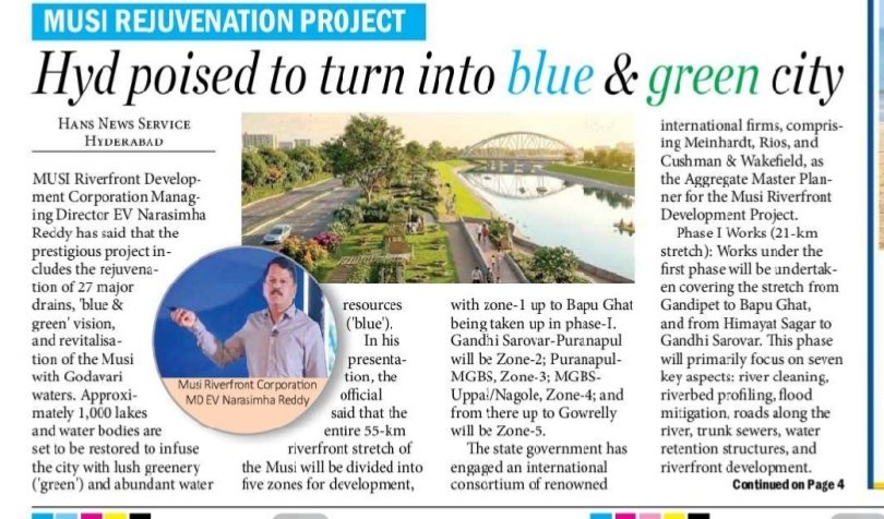 revanthannanews's tweet image. 🚨Musi project to shape Hyderabad as ‘Blue &amp;amp; Green’ city
🔹 Plan includes rejuvenation of Musi &amp;amp; 27 major drains
🔹 Around 1,000 lakes and water bodies to be restored
🔹 Phase-1 to develop 21-km river stretch
#MusiProject #Hyderabad #Telangana #UrbanDevelopment