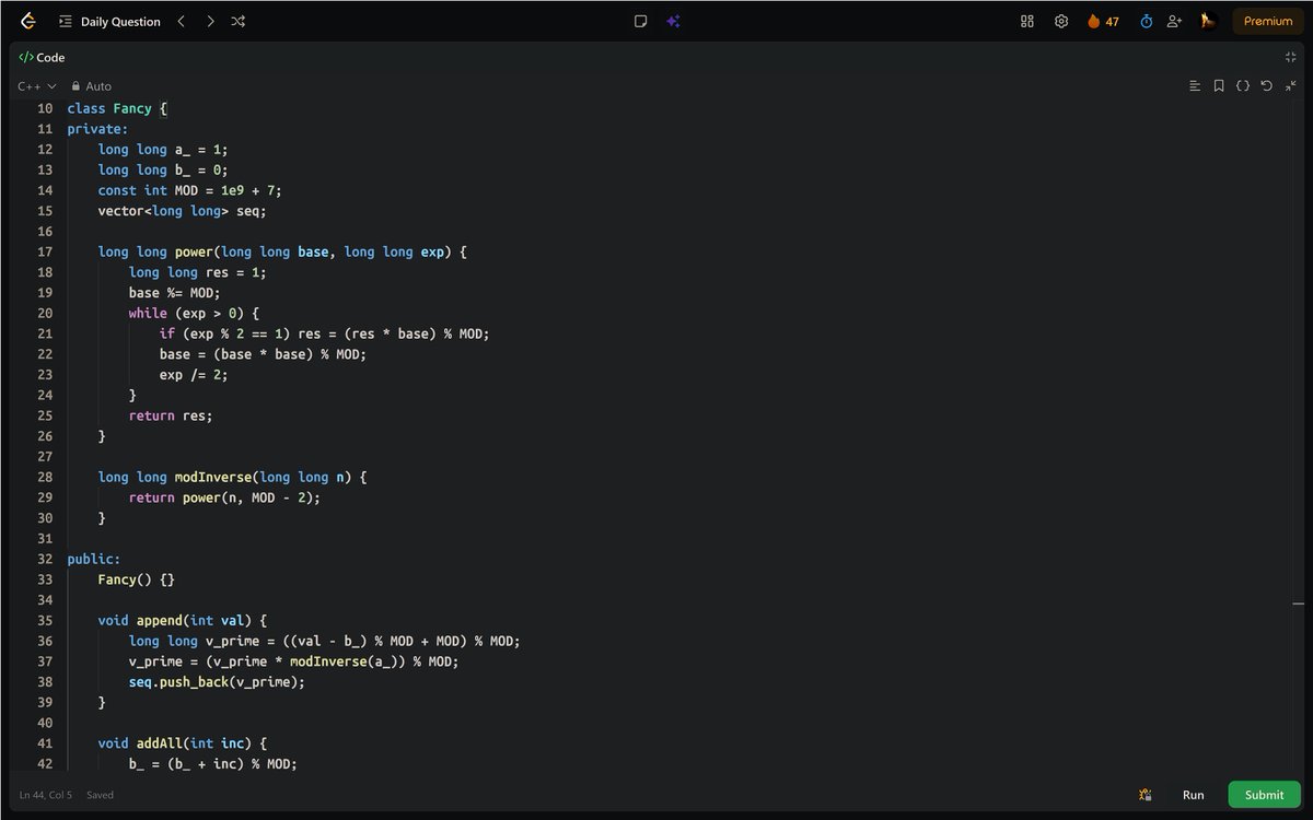 PankajB42550's tweet photo. 🚀 Solved: Fancy Sequence (@LeetCode Daily)

Store values in transformed form: actual = stored * a + b. Append stores (val - b) * inv(a). addAll/multAll update a,b in O(1).

✔ O(1) per operation
🔥 #Day47/90

#LeetCode #DSA #Design #Math #ModularArithmetic #LazyPropagation https://t.co/lWJOwiQbwX