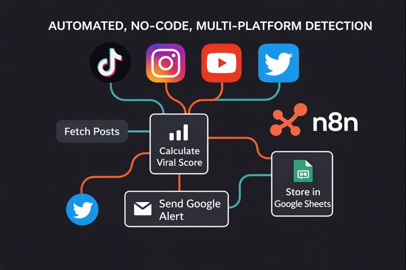Built in n8n — it:

🔁 Detects viral posts (TikTok, IG, YT, X)
📊 Scores virality automatically
🚨 Sends instant alerts
📁 Saves everything to Google Sheets
⚙️ 100% no-code automation

To get it 👇
🔁 Like + RT
💬 Reply “N8N”
📩 Follow me &amp; I’ll DM you 🤝