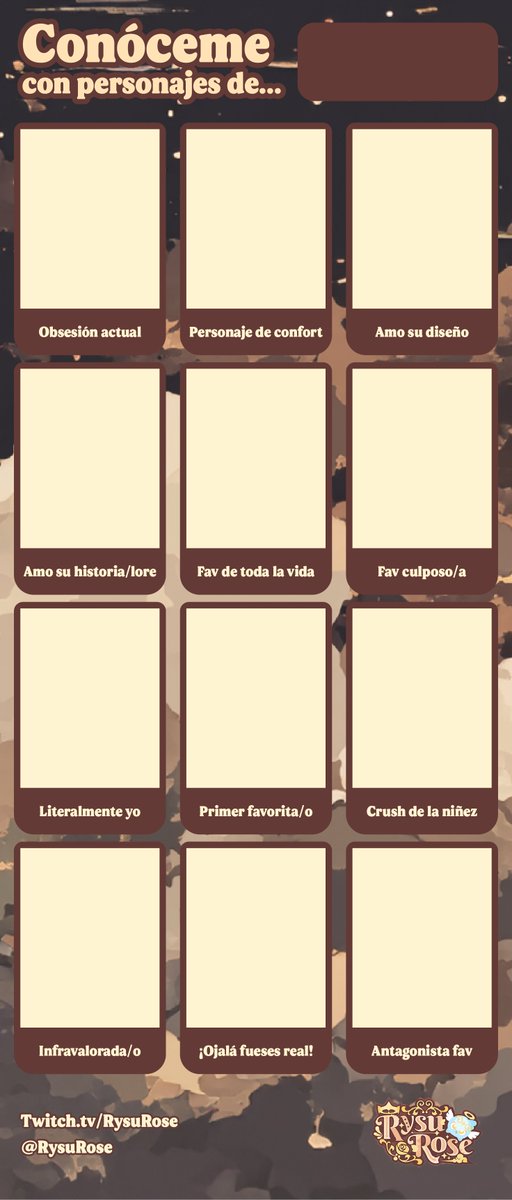 RysuRose's tweet photo. ¡Les traigo otra dinámica! De nuevo una idea súper divertida de @imnaassuu. "Conóceme con personajes" - Contesta las categorías con los personajes que te gustan, pueden hacerlo tanto con personajes mixtos como de una sola saga. Reaccionaré a sus respuestas mañana en stream (1/3) https://t.co/FDeZuOSZYr