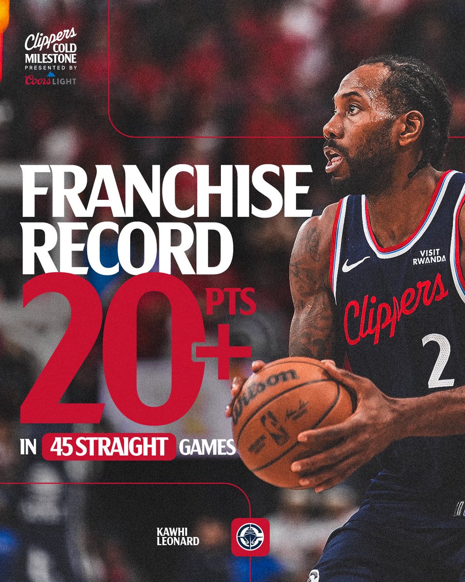 FRANCHISE RECORD 🖐🏿
Kawhi Leonard has scored 20+ points in 45 straight games — the longest streak by a Clipper!
@CoorsLight | #ClipperNation