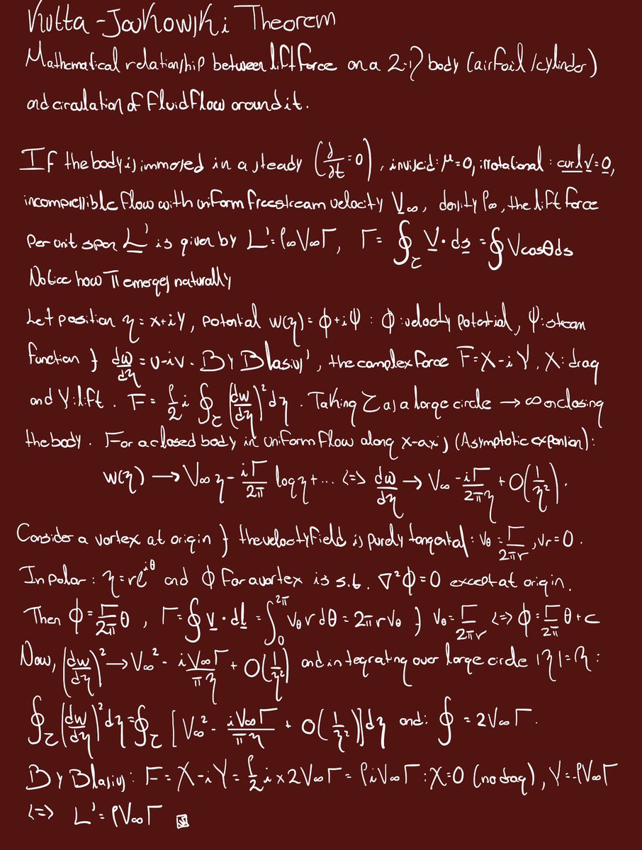 gammaofzeta's tweet image. #PiDay and the Kutta-Joukowski.

Today is π day. To celebrate, let’s see how naturally \pi emerges in the derivation of the Kutta-Joukowski theorem in fluid dynamics.

The Kutta-Joukowski theorem (fundamental in aerodynamics) relates the lift of the force due to a body (think of