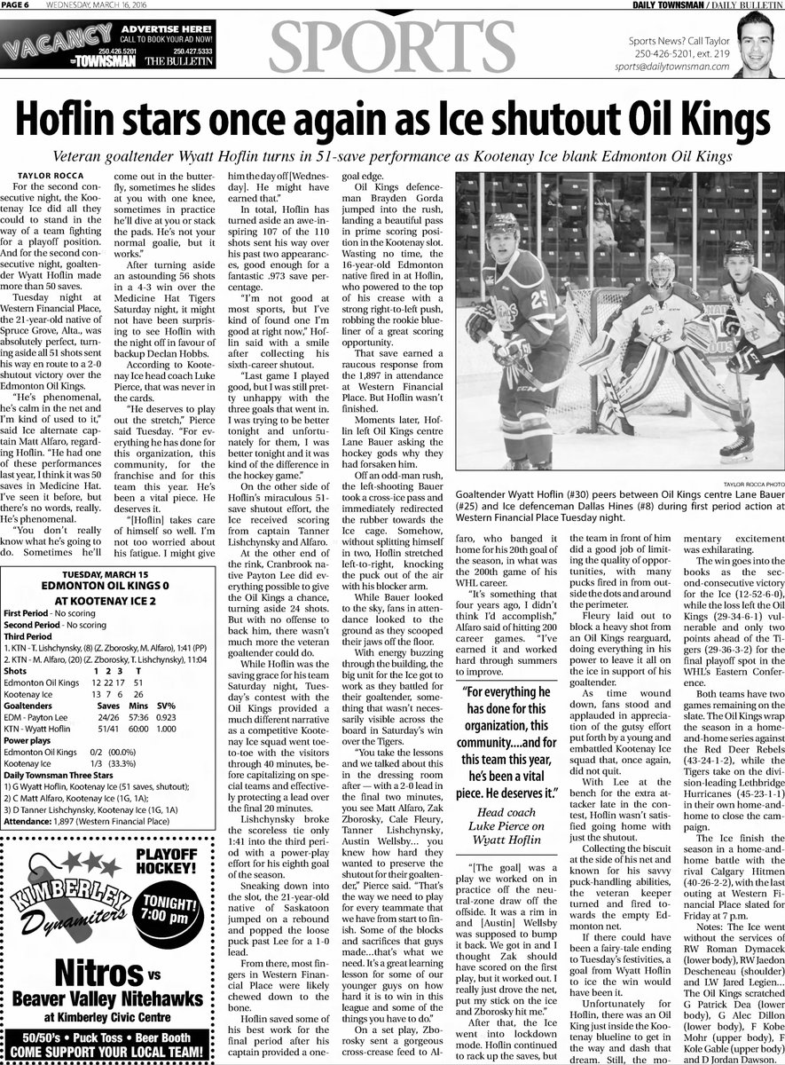 On this day in 2016

Zak Zborosky had two assists and Wyatt Hoflin stopped all 51 shots he faced to lead the Kootenay Ice to a 2-0 home win over the Edmonton Oil Kings