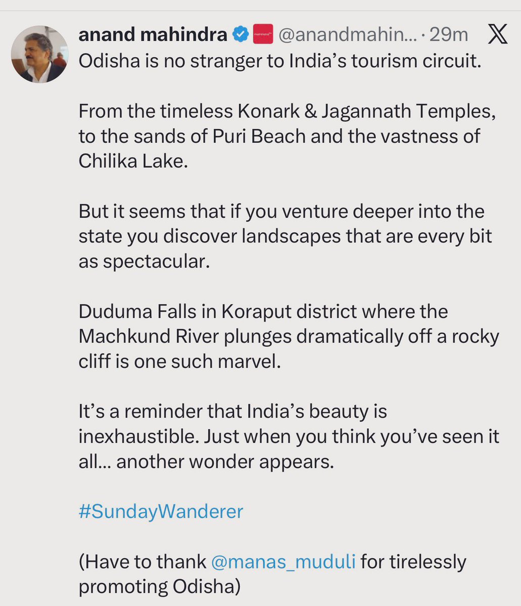 Honoured to be mentioned by Anand Mahindra sir. 🙏

If sharing Odisha’s beauty helps even a few more people discover this incredible state, it’s absolutely worth it.